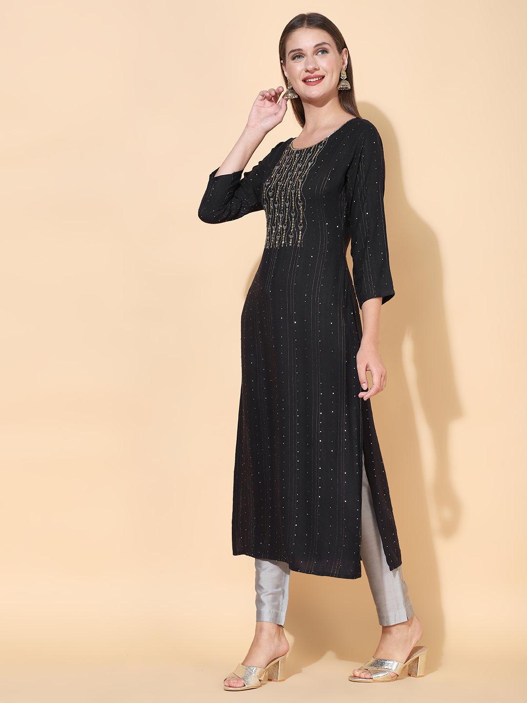 Ethnic Hand Embroidered Straight Fit Kurta - Black - Indiakreations