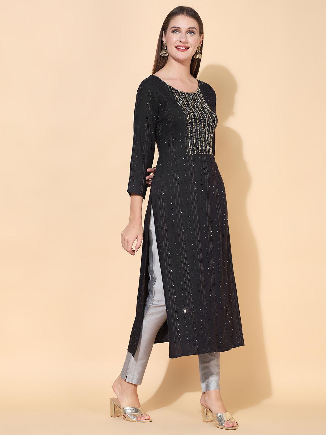 Ethnic Hand Embroidered Straight Fit Kurta - Black - Indiakreations