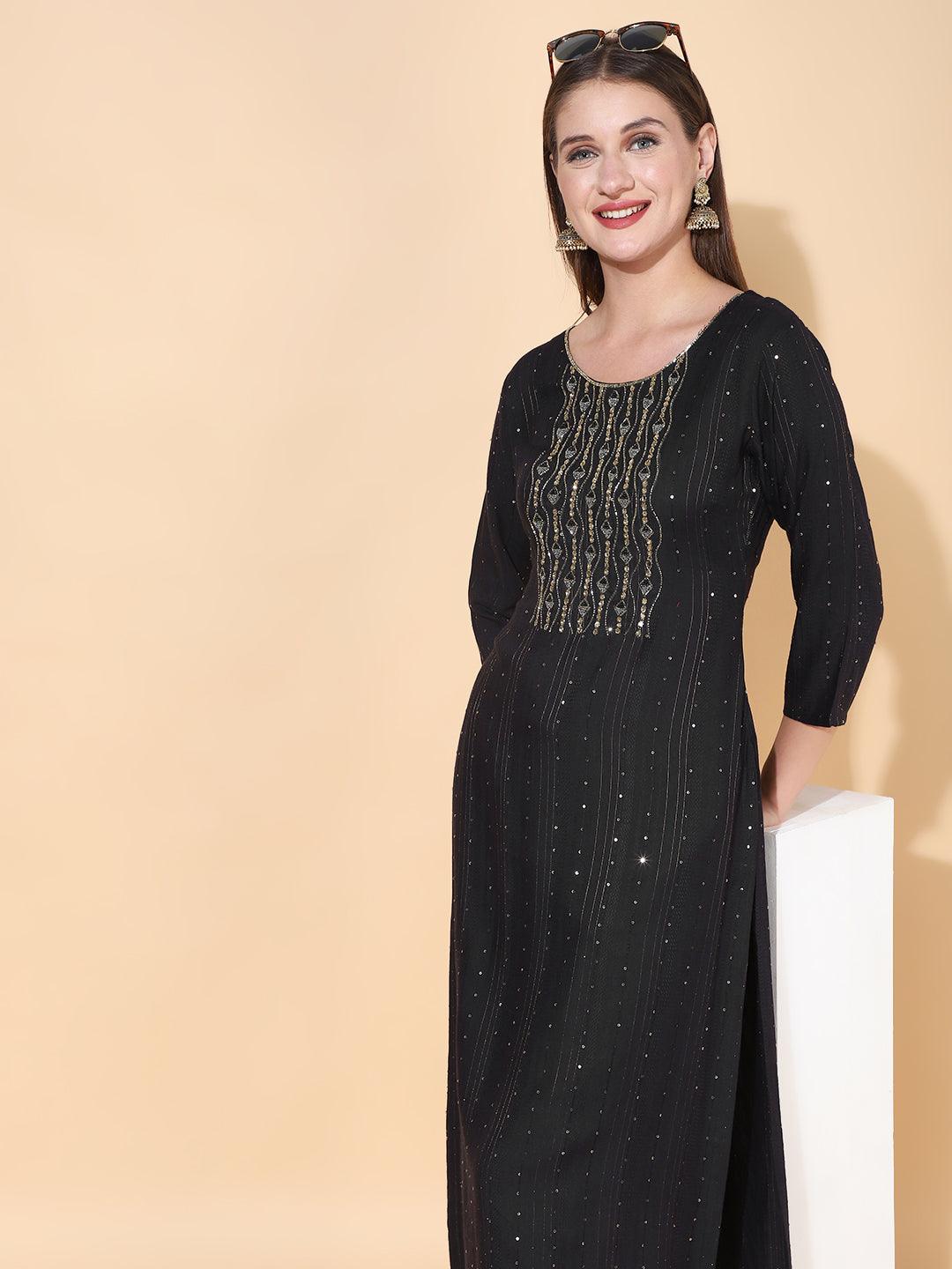 Ethnic Hand Embroidered Straight Fit Kurta - Black - Indiakreations