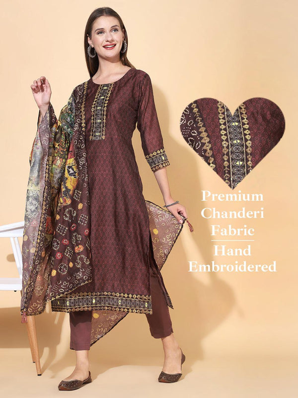 Ethnic Printed & Kantha Hand Embroidered Kurta with Dupatta - Burgundy - Indiakreations