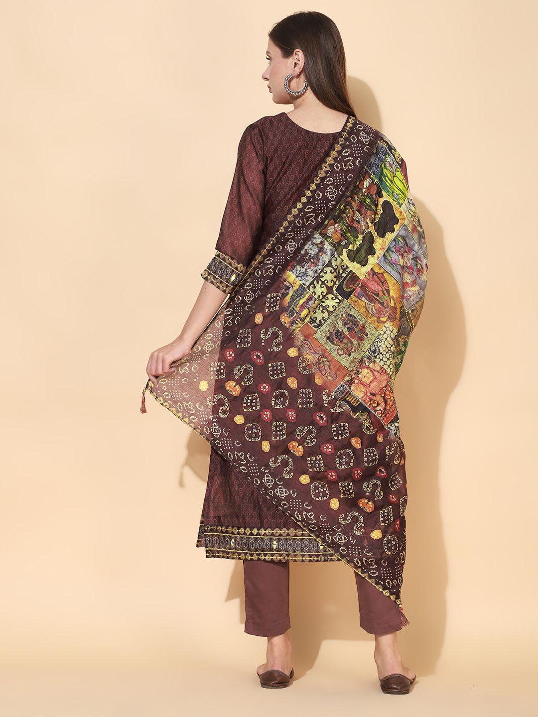 Ethnic Printed & Kantha Hand Embroidered Kurta with Dupatta - Burgundy - Indiakreations