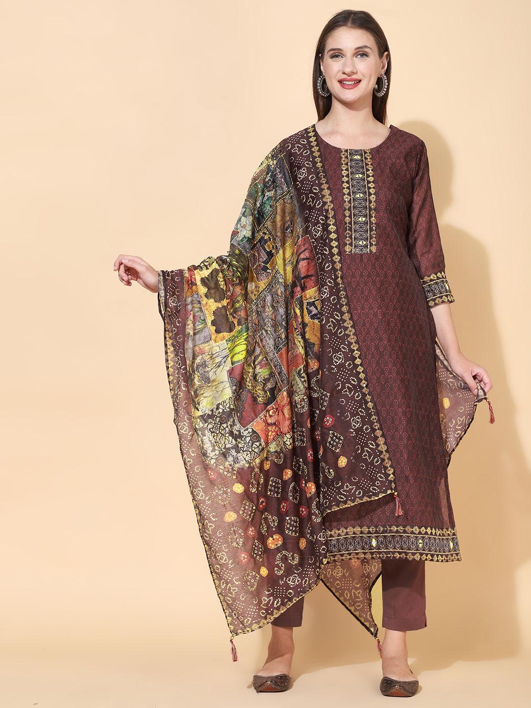 Ethnic Printed & Kantha Hand Embroidered Kurta with Dupatta - Burgundy - Indiakreations