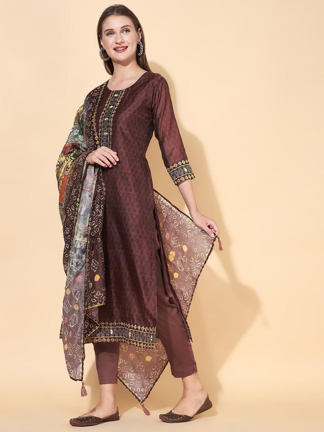 Ethnic Printed & Kantha Hand Embroidered Kurta with Dupatta - Burgundy - Indiakreations