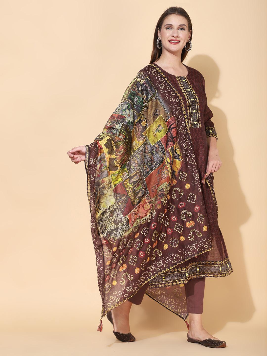 Ethnic Printed & Kantha Hand Embroidered Kurta with Dupatta - Burgundy - Indiakreations