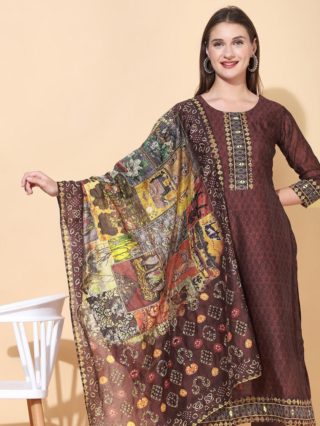 Ethnic Printed & Kantha Hand Embroidered Kurta with Dupatta - Burgundy - Indiakreations