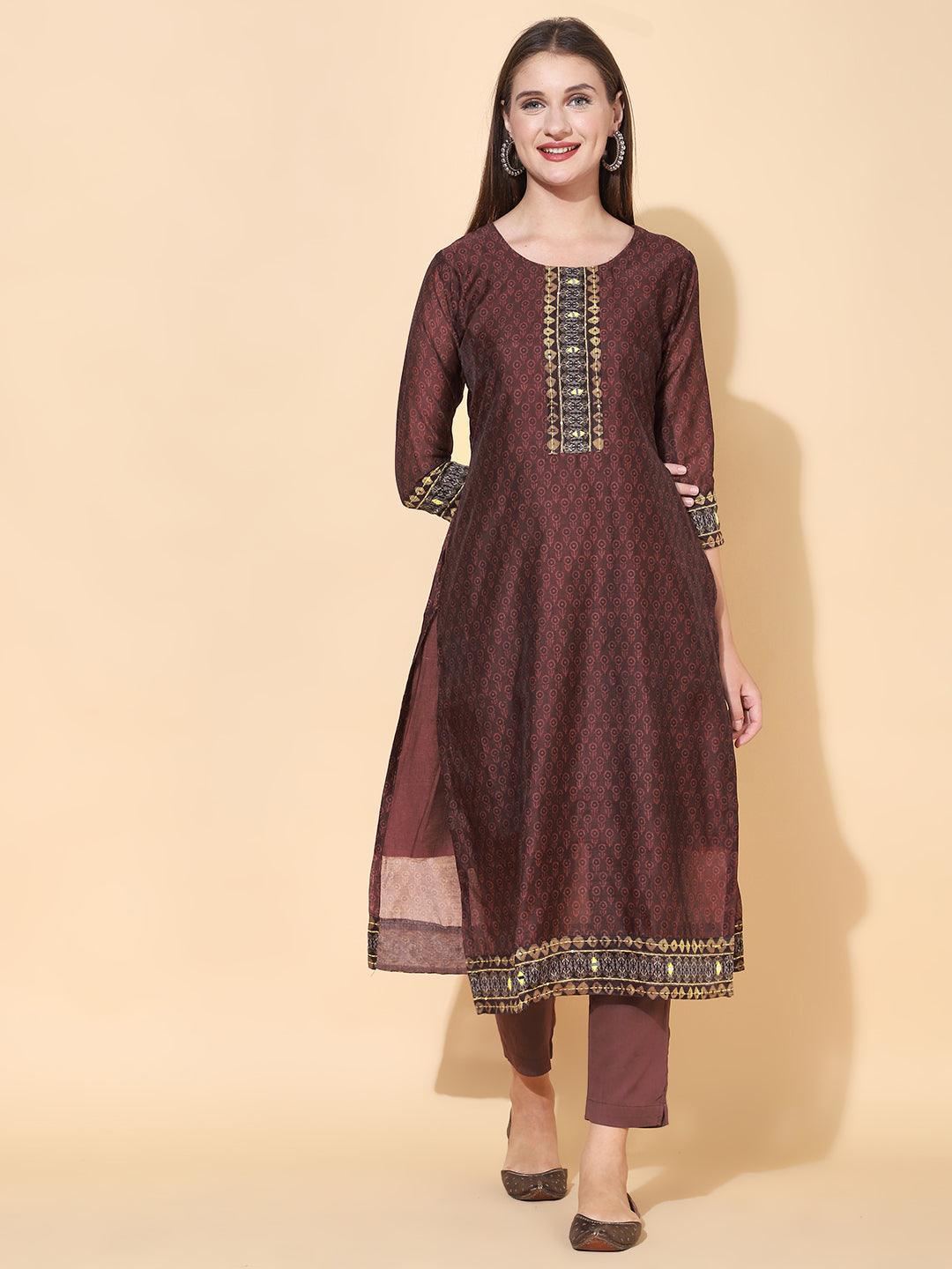 Ethnic Printed & Kantha Hand Embroidered Kurta with Dupatta - Burgundy - Indiakreations