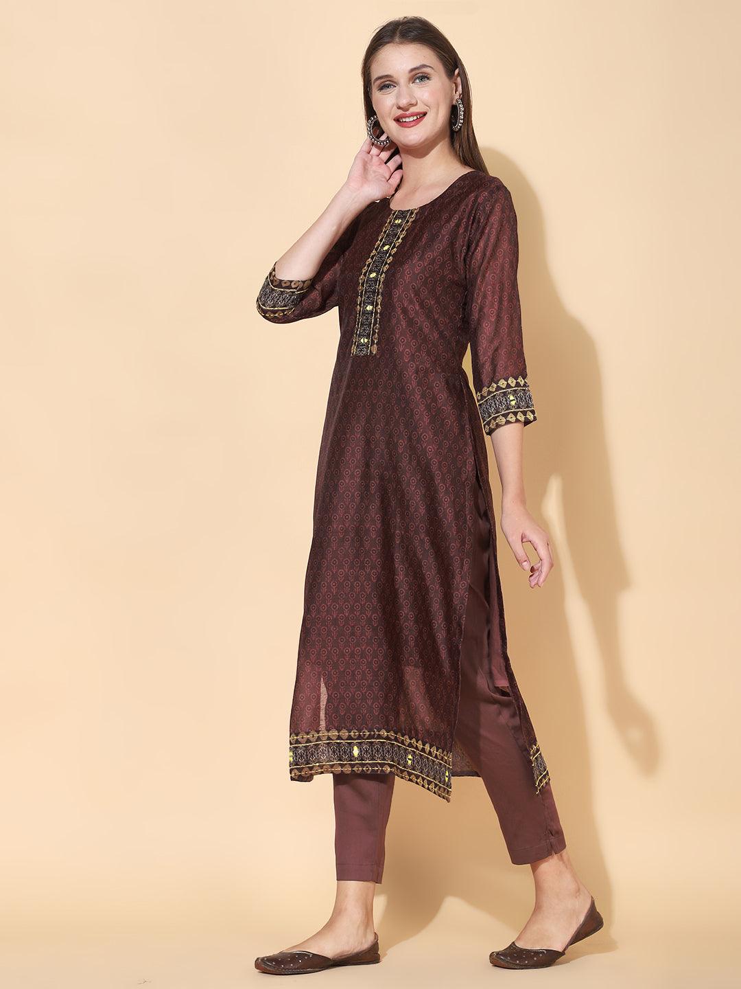 Ethnic Printed & Kantha Hand Embroidered Kurta with Dupatta - Burgundy - Indiakreations