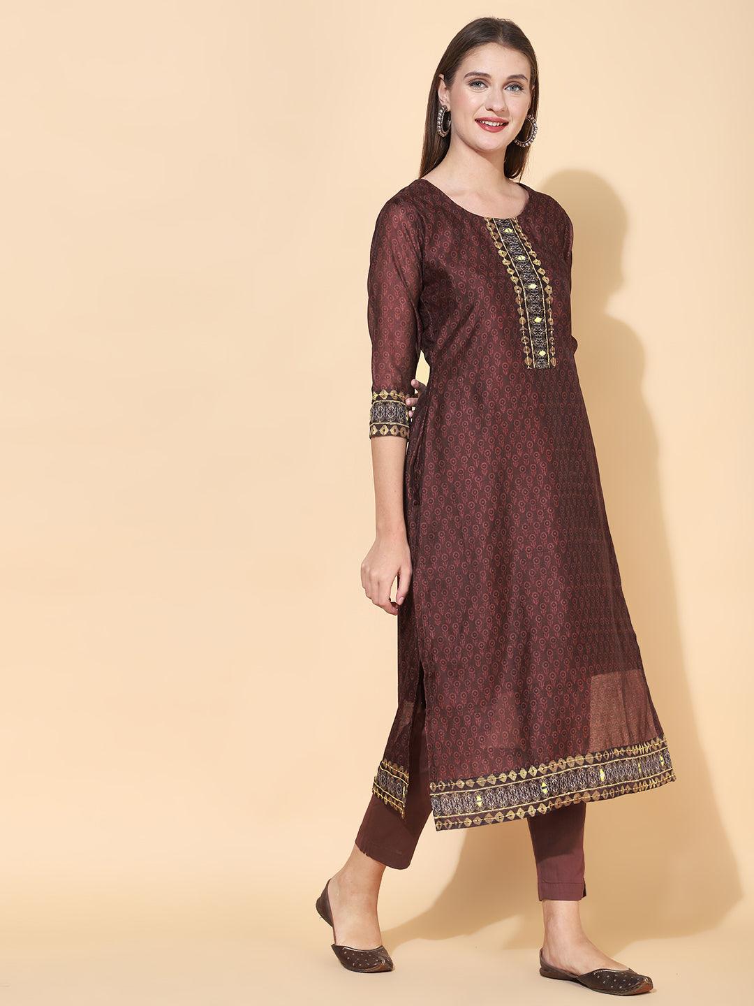 Ethnic Printed & Kantha Hand Embroidered Kurta with Dupatta - Burgundy - Indiakreations