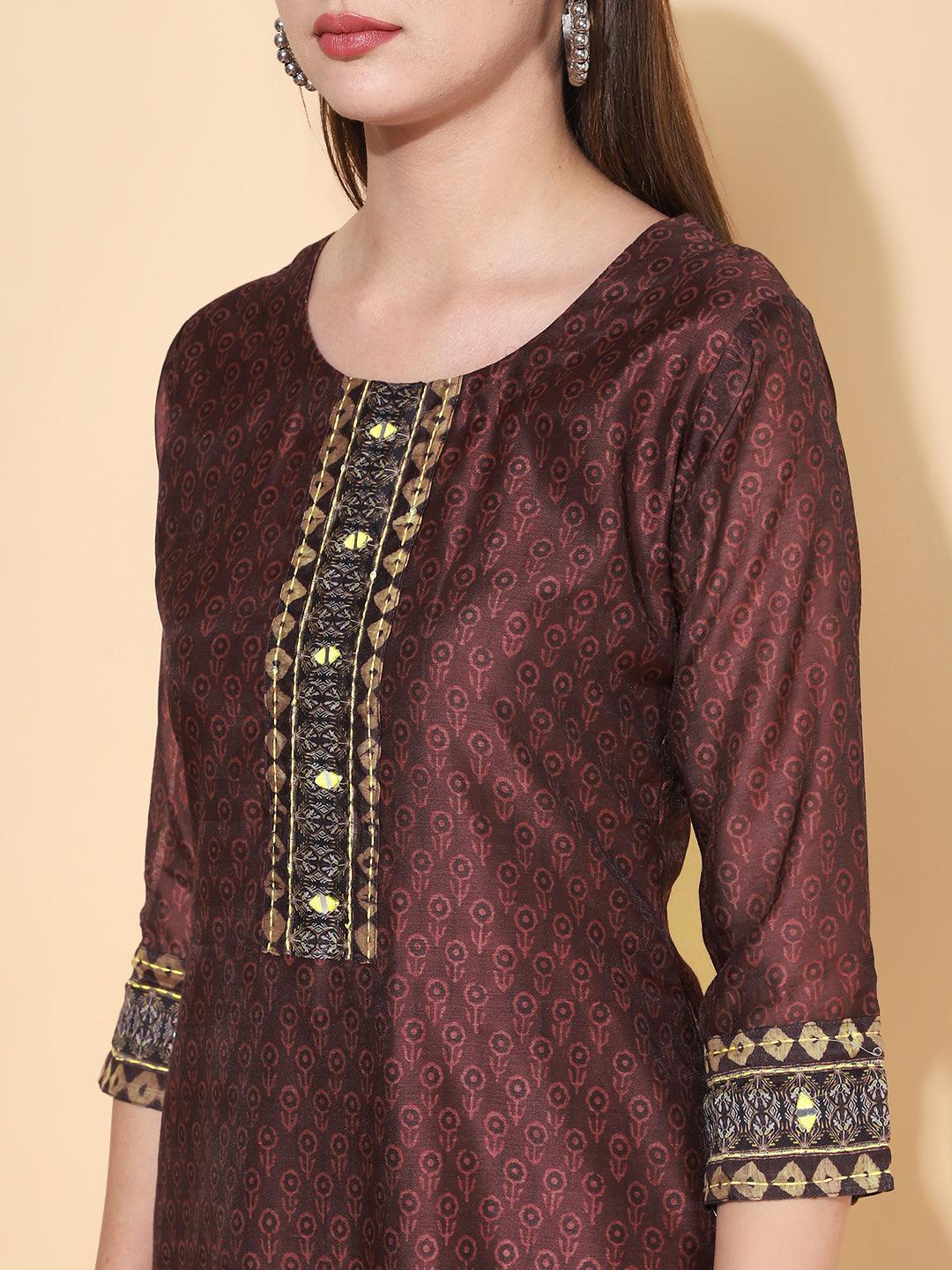 Ethnic Printed & Kantha Hand Embroidered Kurta with Dupatta - Burgundy - Indiakreations