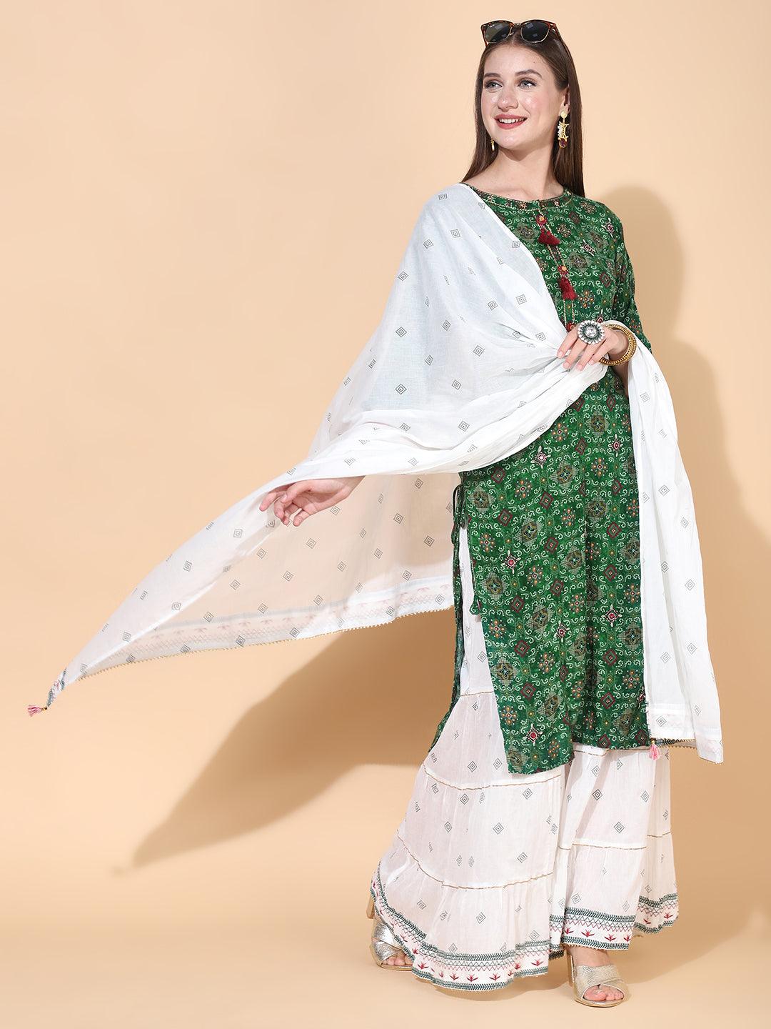 Bandhani Printed & Embroidered Kurta with Palazzo & Dupatta – Dark Green - Indiakreations