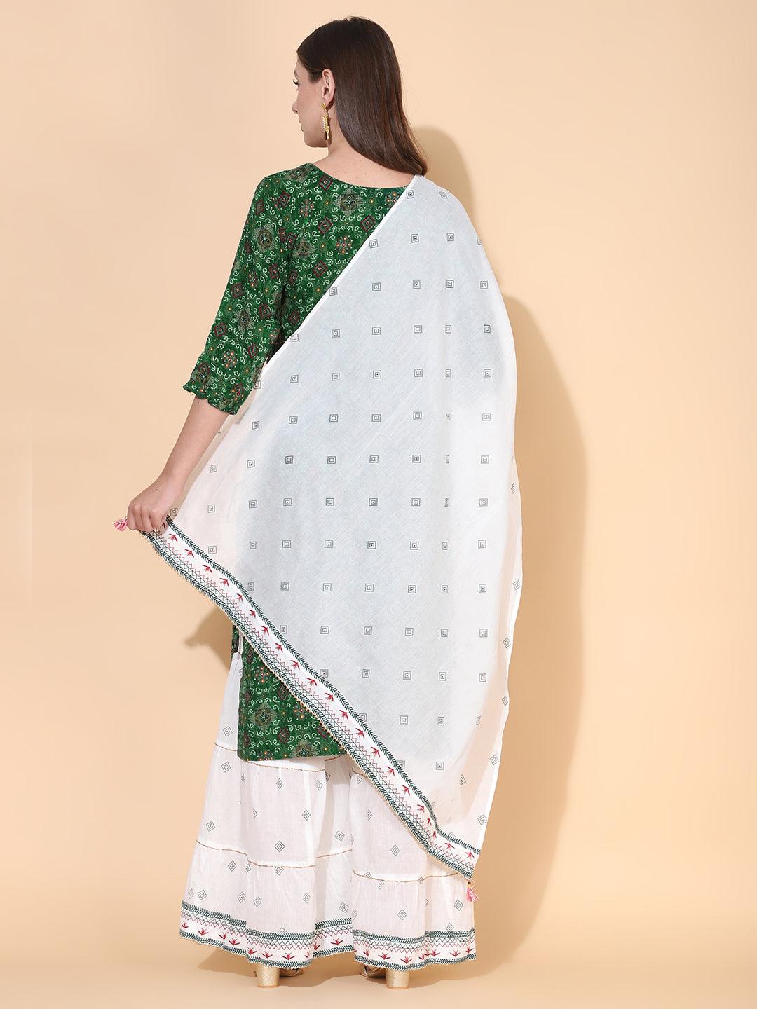 Bandhani Printed & Embroidered Kurta with Palazzo & Dupatta – Dark Green - Indiakreations