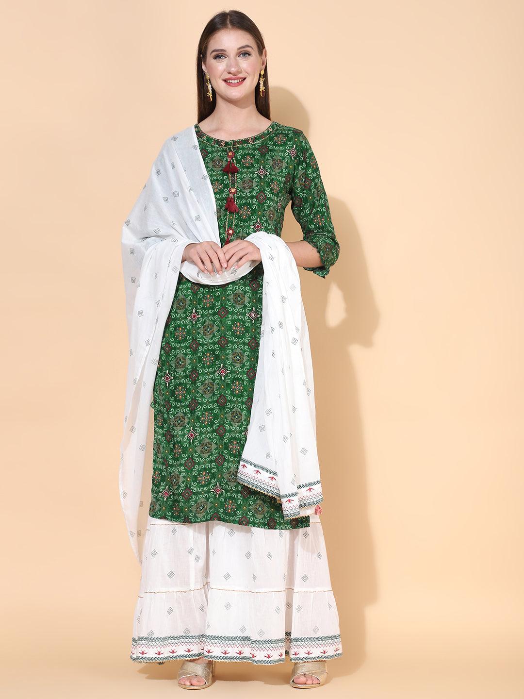 Bandhani Printed & Embroidered Kurta with Palazzo & Dupatta – Dark Green - Indiakreations