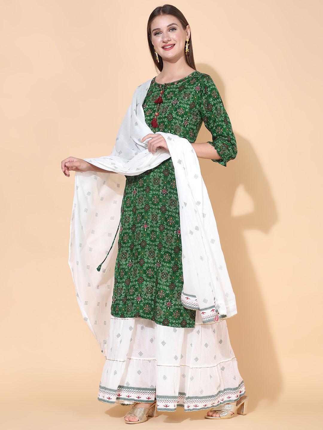 Bandhani Printed & Embroidered Kurta with Palazzo & Dupatta – Dark Green - Indiakreations