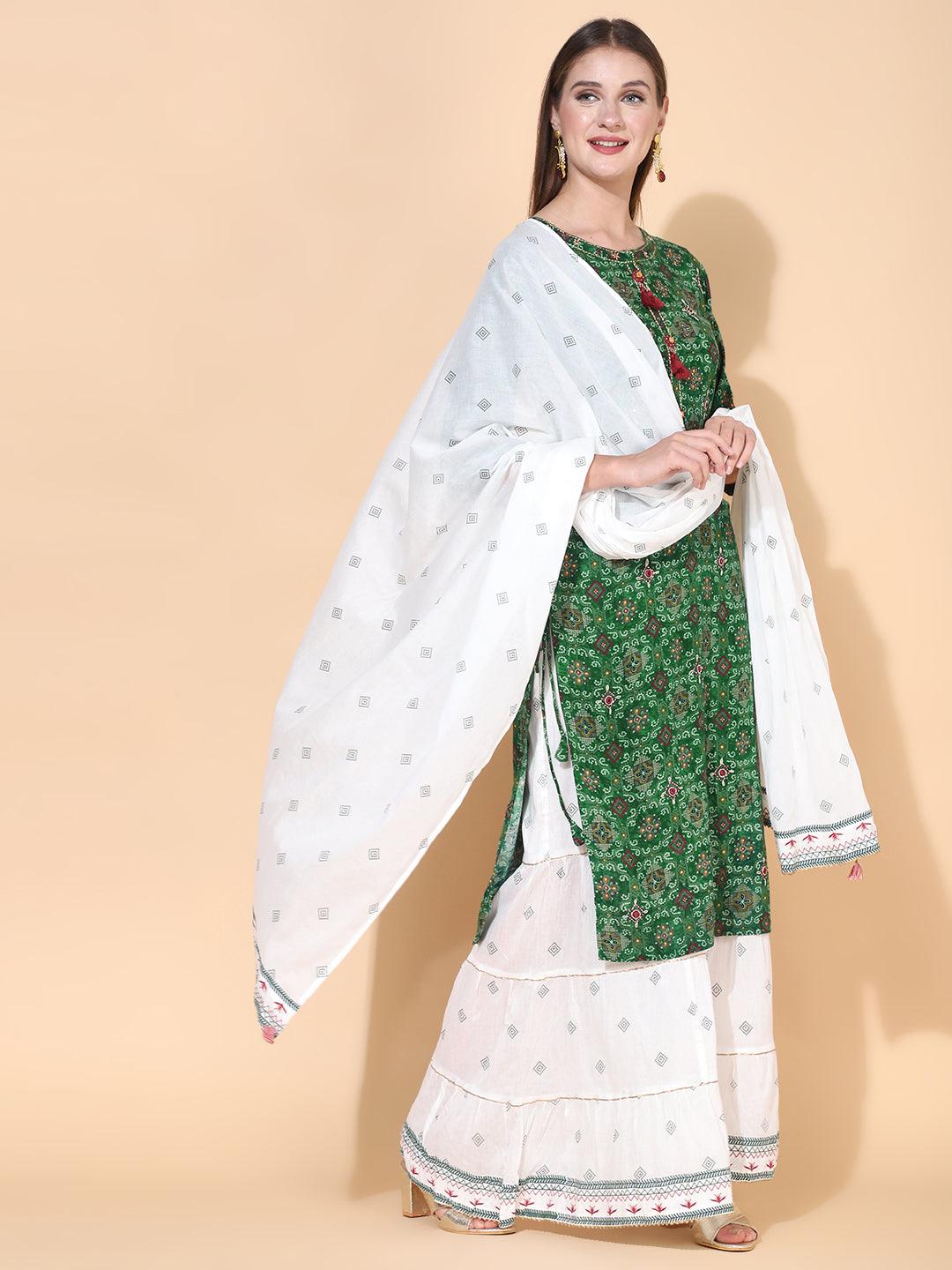 Bandhani Printed & Embroidered Kurta with Palazzo & Dupatta – Dark Green - Indiakreations