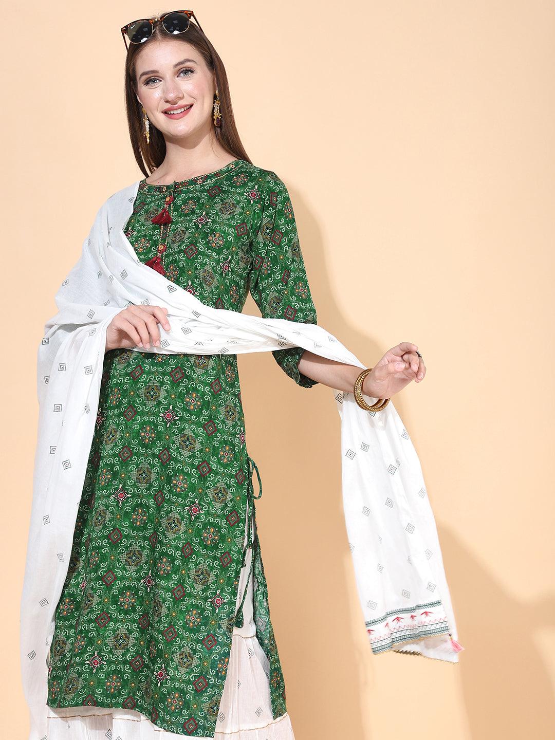 Bandhani Printed & Embroidered Kurta with Palazzo & Dupatta – Dark Green - Indiakreations