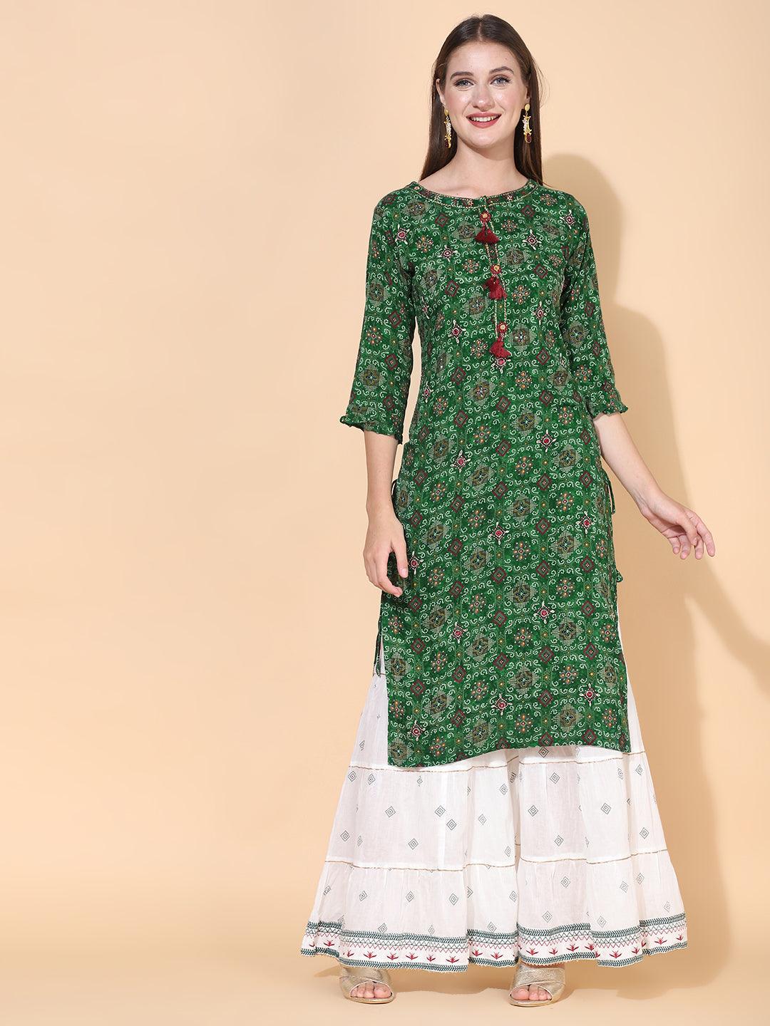 Bandhani Printed & Embroidered Kurta with Palazzo & Dupatta – Dark Green - Indiakreations