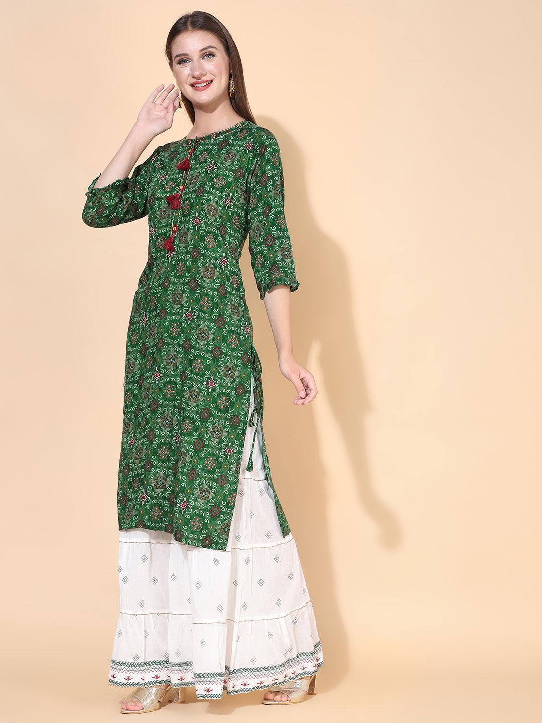 Bandhani Printed & Embroidered Kurta with Palazzo & Dupatta – Dark Green - Indiakreations