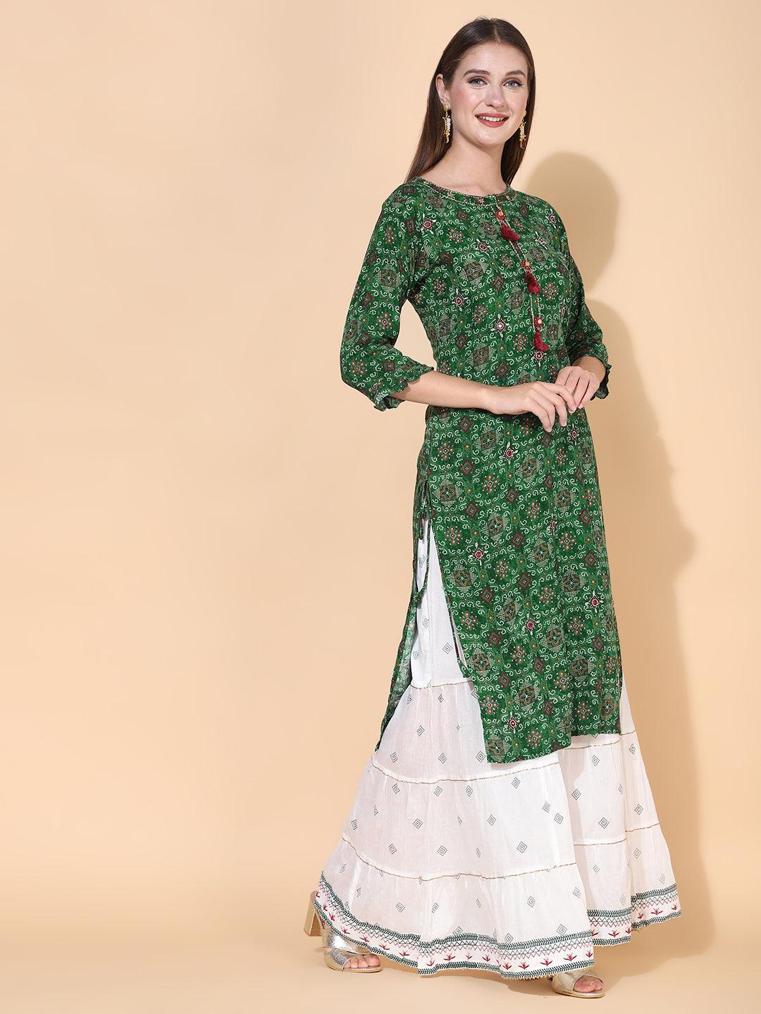 Bandhani Printed & Embroidered Kurta with Palazzo & Dupatta – Dark Green - Indiakreations