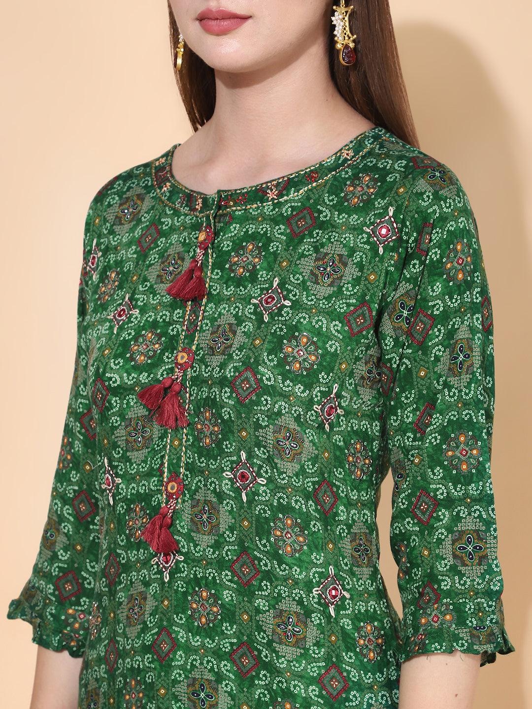 Bandhani Printed & Embroidered Kurta with Palazzo & Dupatta – Dark Green - Indiakreations