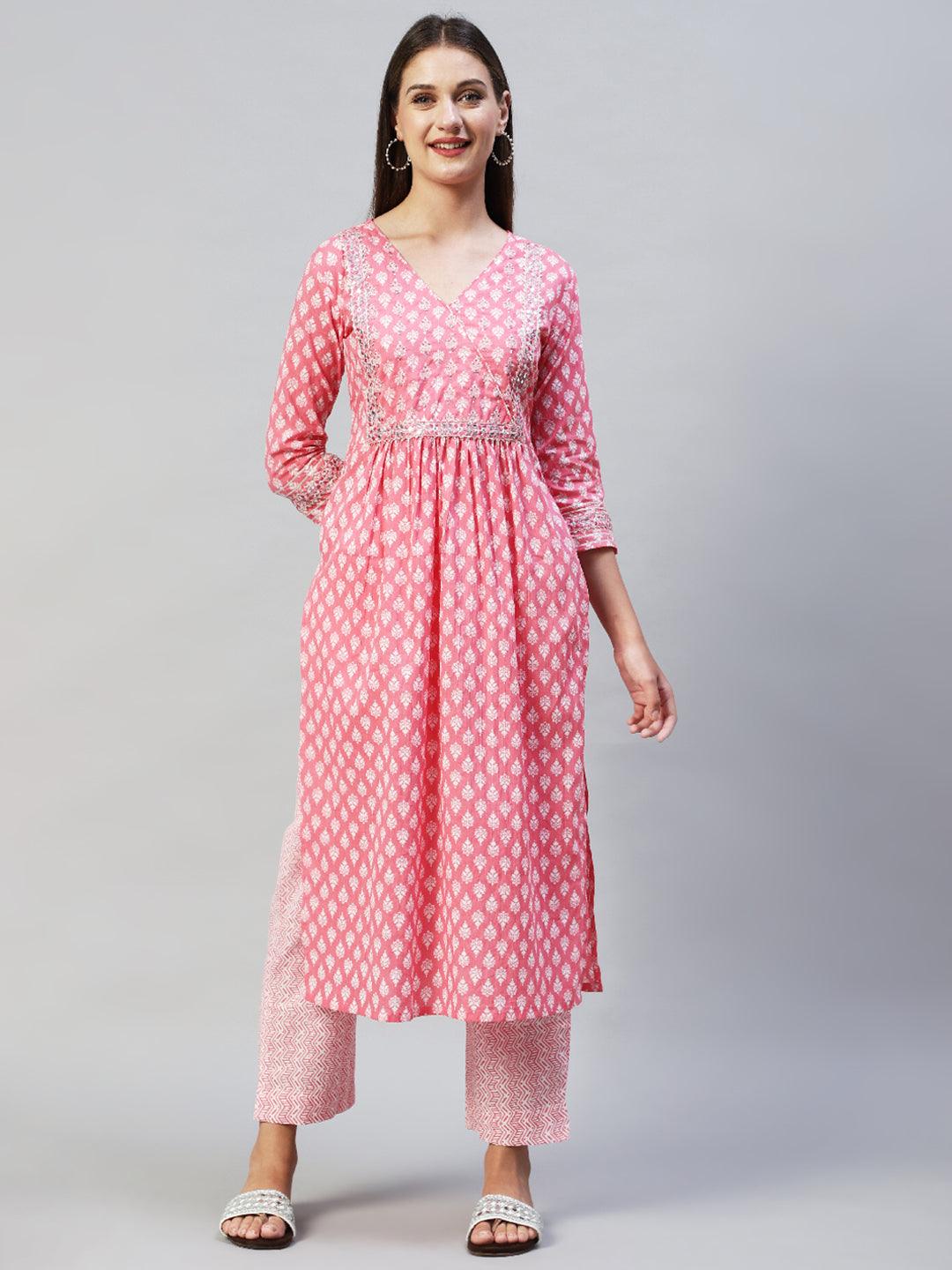 Ethnic Printed & Embroidered A-Line Kurta with Pants - Pink - Indiakreations