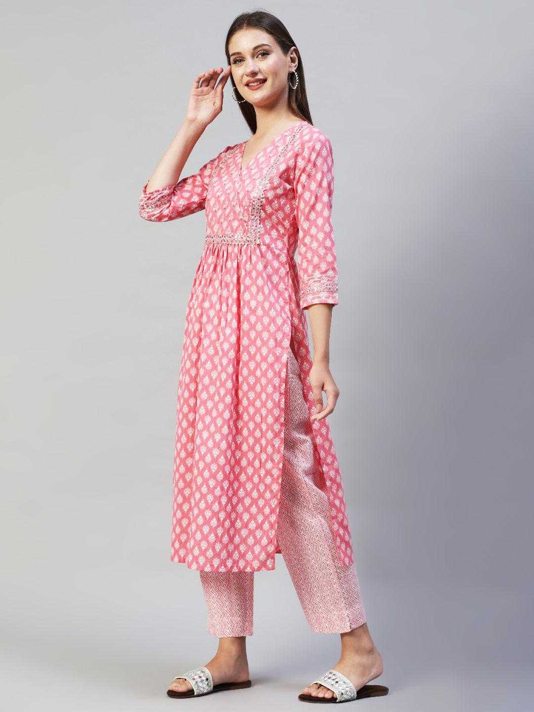 Ethnic Printed & Embroidered A-Line Kurta with Pants - Pink - Indiakreations