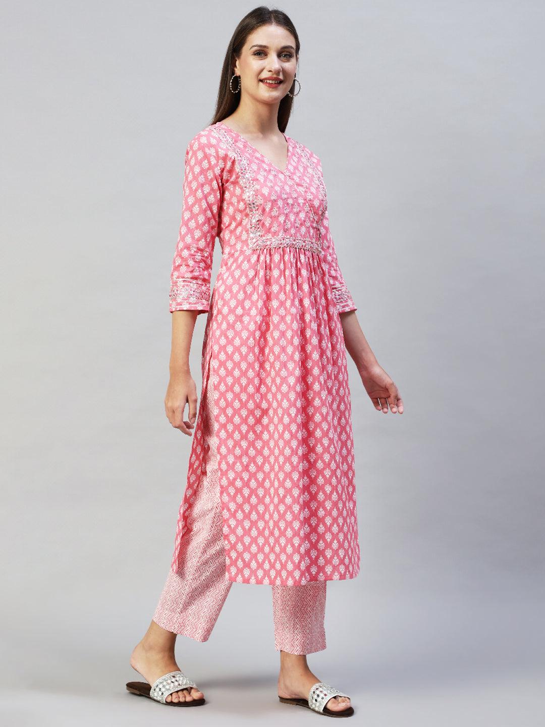 Ethnic Printed & Embroidered A-Line Kurta with Pants - Pink - Indiakreations