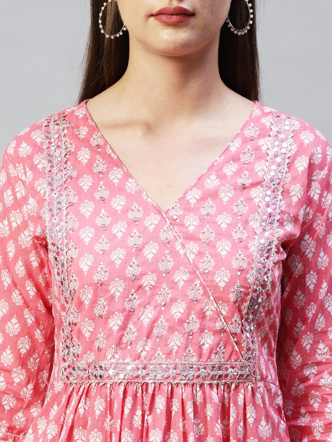 Ethnic Printed & Embroidered A-Line Kurta with Pants - Pink - Indiakreations