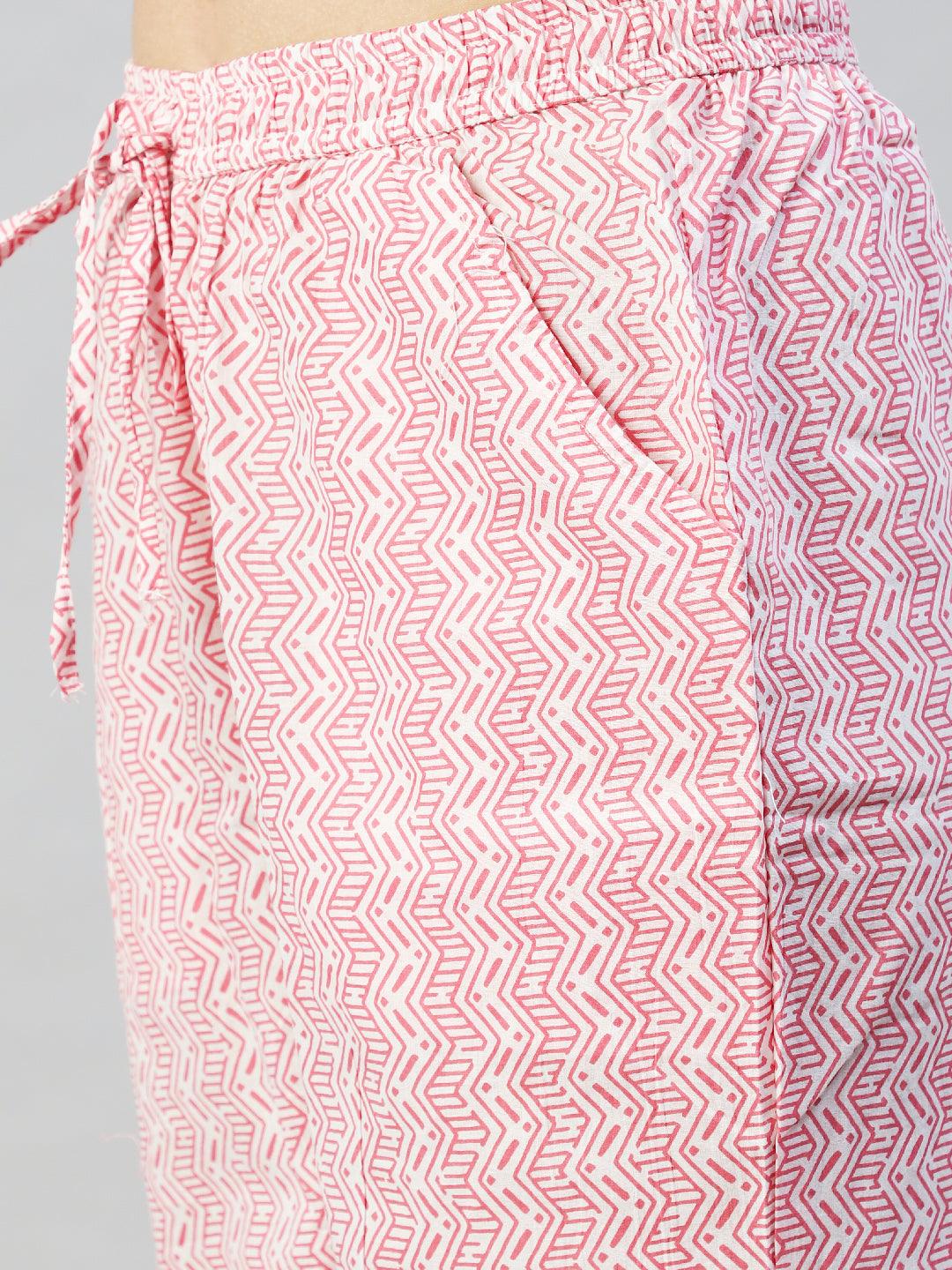 Ethnic Printed & Embroidered A-Line Kurta with Pants - Pink - Indiakreations