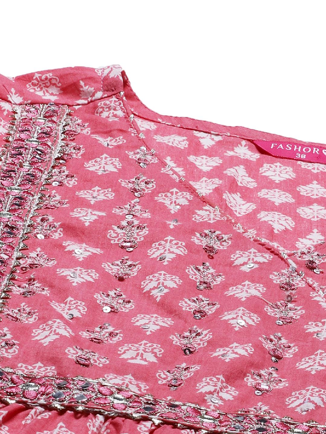 Ethnic Printed & Embroidered A-Line Kurta with Pants - Pink - Indiakreations