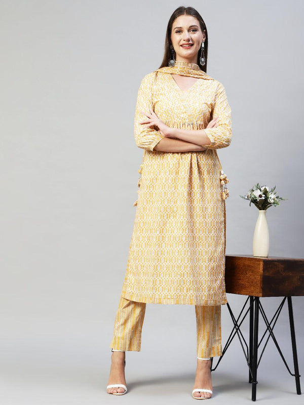 Ethnic Printed & Hand Embroidered Kurta with Pants & Dupatta - Yellow - Indiakreations