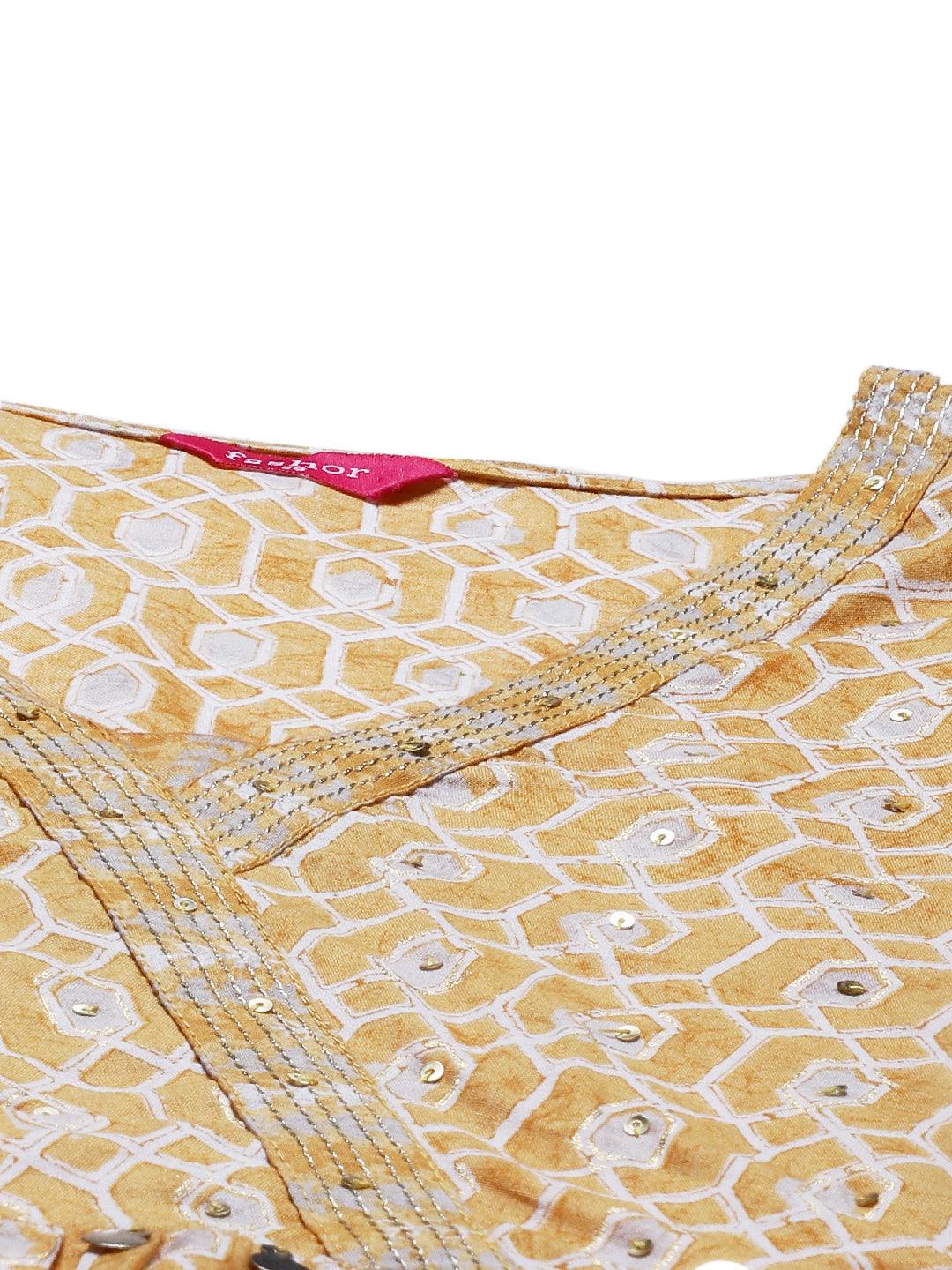 Ethnic Printed & Hand Embroidered Kurta with Pants & Dupatta - Yellow - Indiakreations