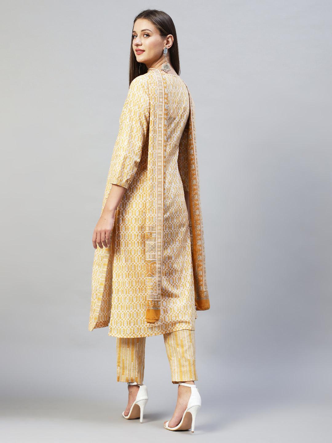 Ethnic Printed & Hand Embroidered Kurta with Pants & Dupatta - Yellow - Indiakreations