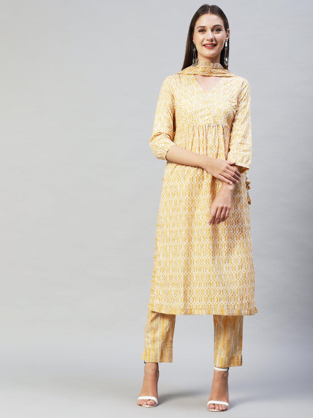 Ethnic Printed & Hand Embroidered Kurta with Pants & Dupatta - Yellow - Indiakreations