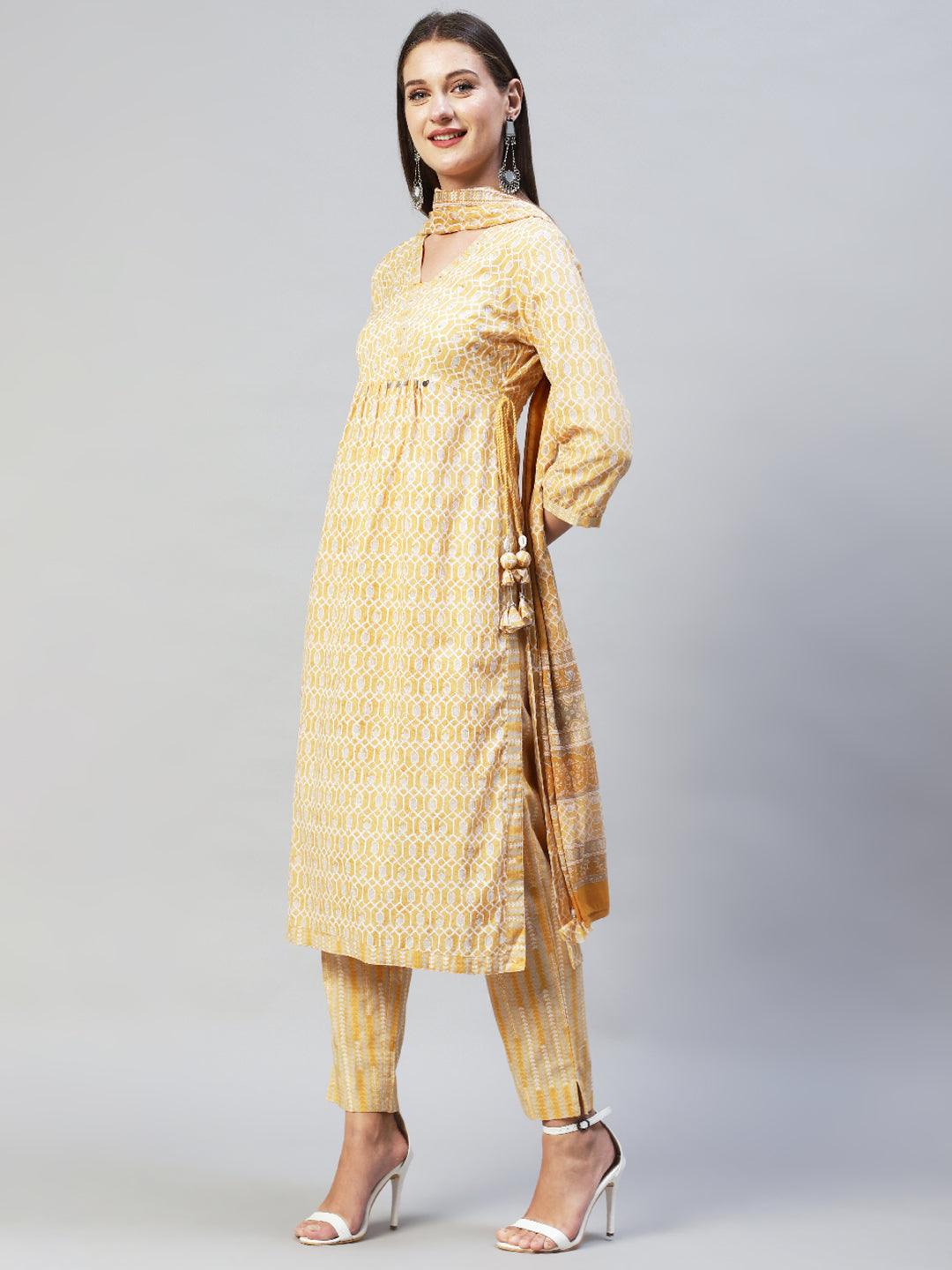 Ethnic Printed & Hand Embroidered Kurta with Pants & Dupatta - Yellow - Indiakreations