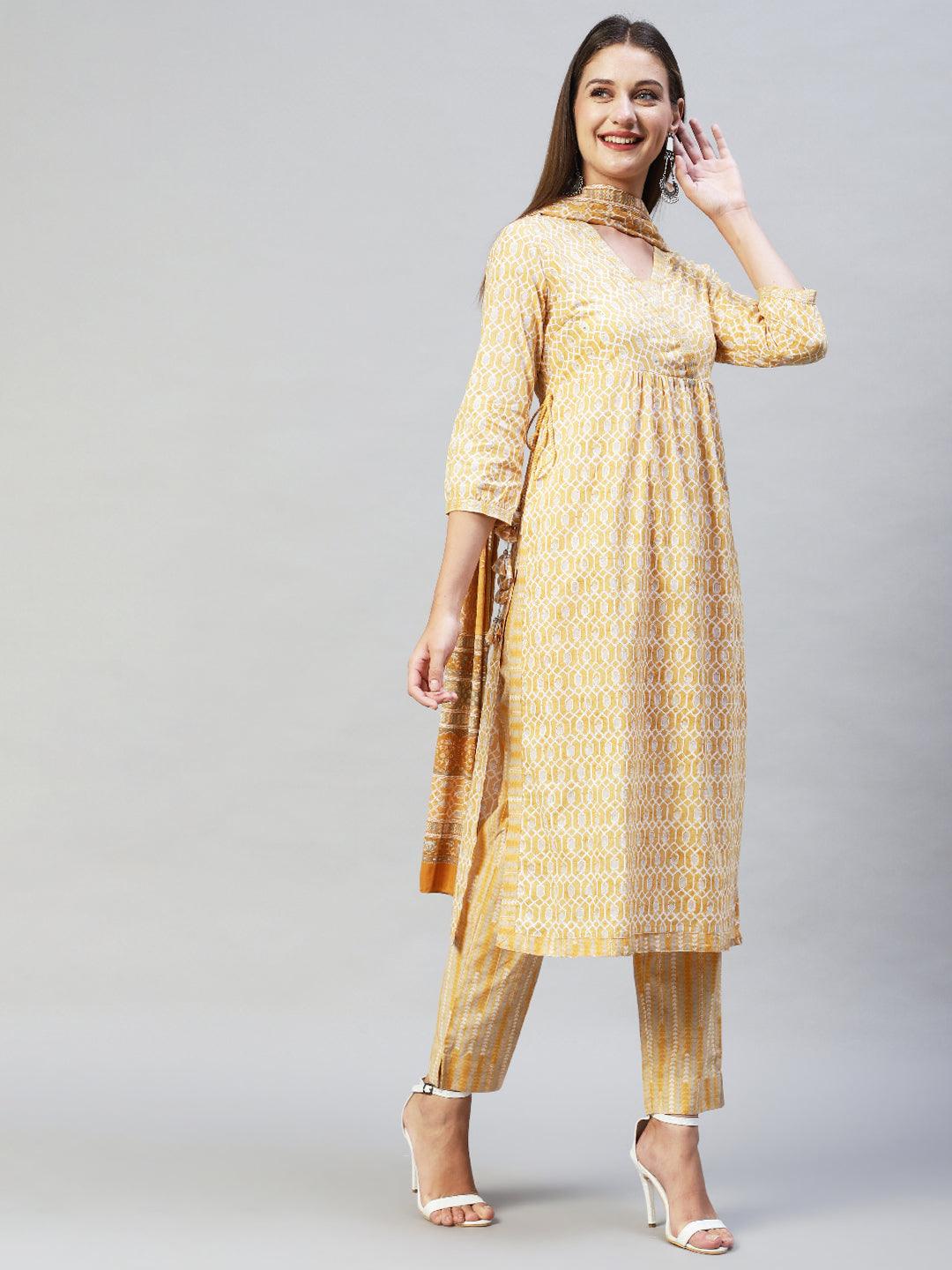 Ethnic Printed & Hand Embroidered Kurta with Pants & Dupatta - Yellow - Indiakreations