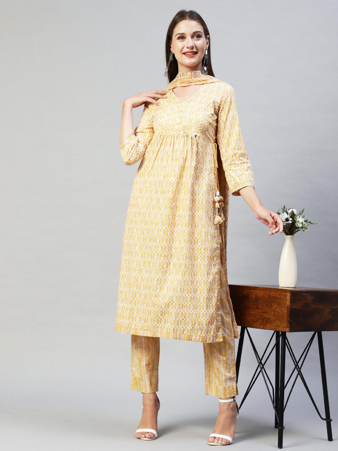 Ethnic Printed & Hand Embroidered Kurta with Pants & Dupatta - Yellow - Indiakreations