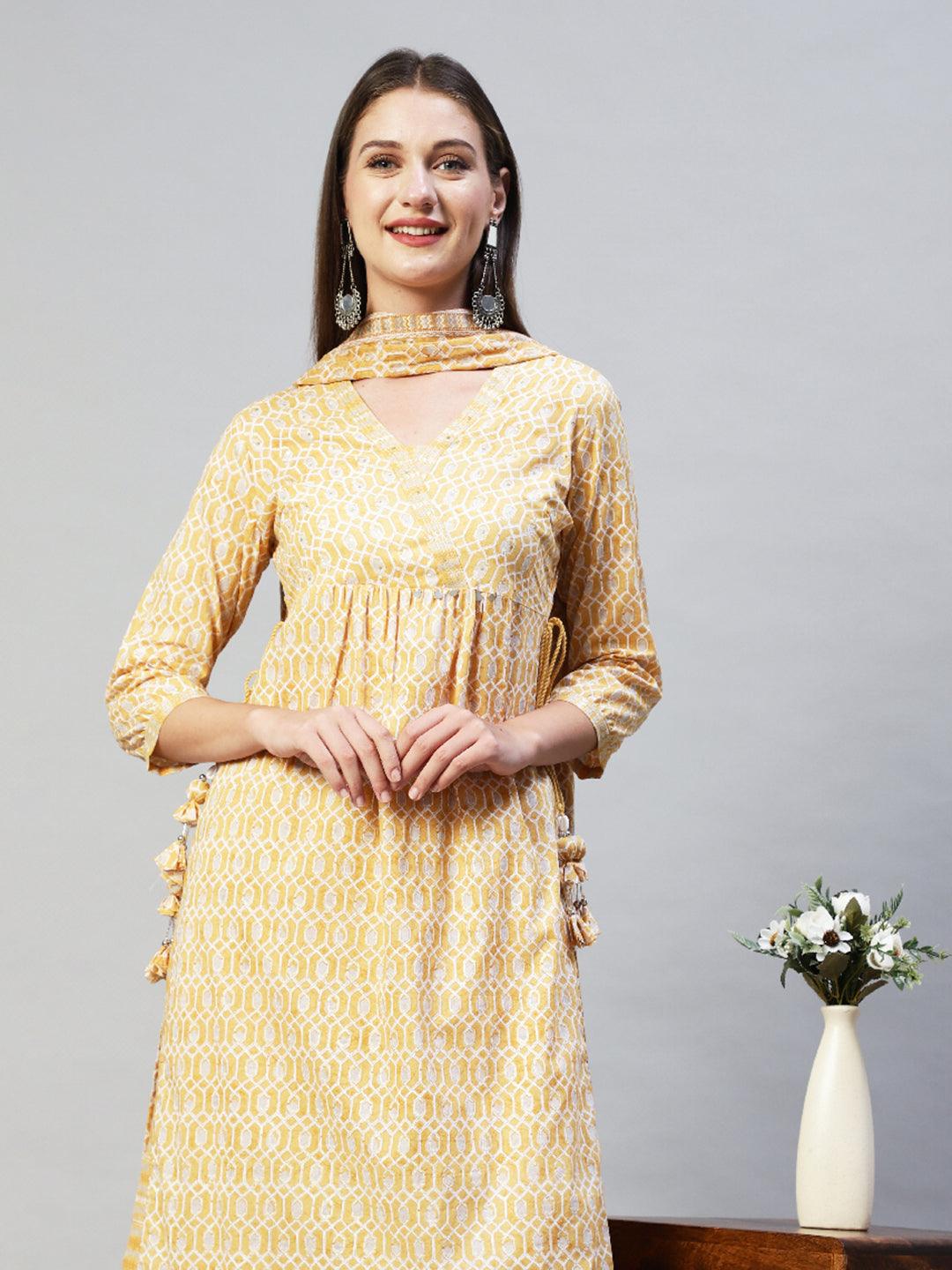 Ethnic Printed & Hand Embroidered Kurta with Pants & Dupatta - Yellow - Indiakreations