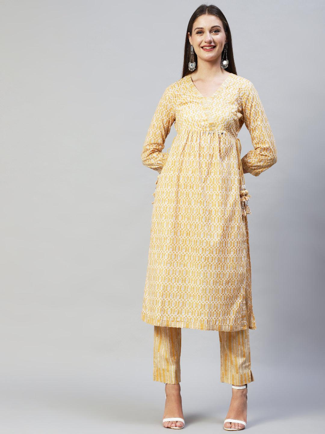 Ethnic Printed & Hand Embroidered Kurta with Pants & Dupatta - Yellow - Indiakreations