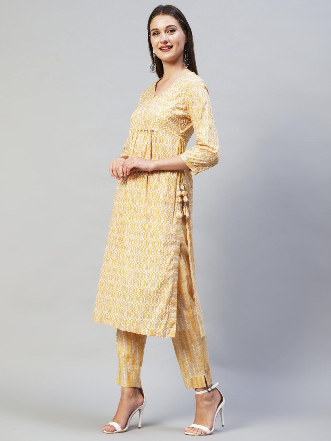 Ethnic Printed & Hand Embroidered Kurta with Pants & Dupatta - Yellow - Indiakreations