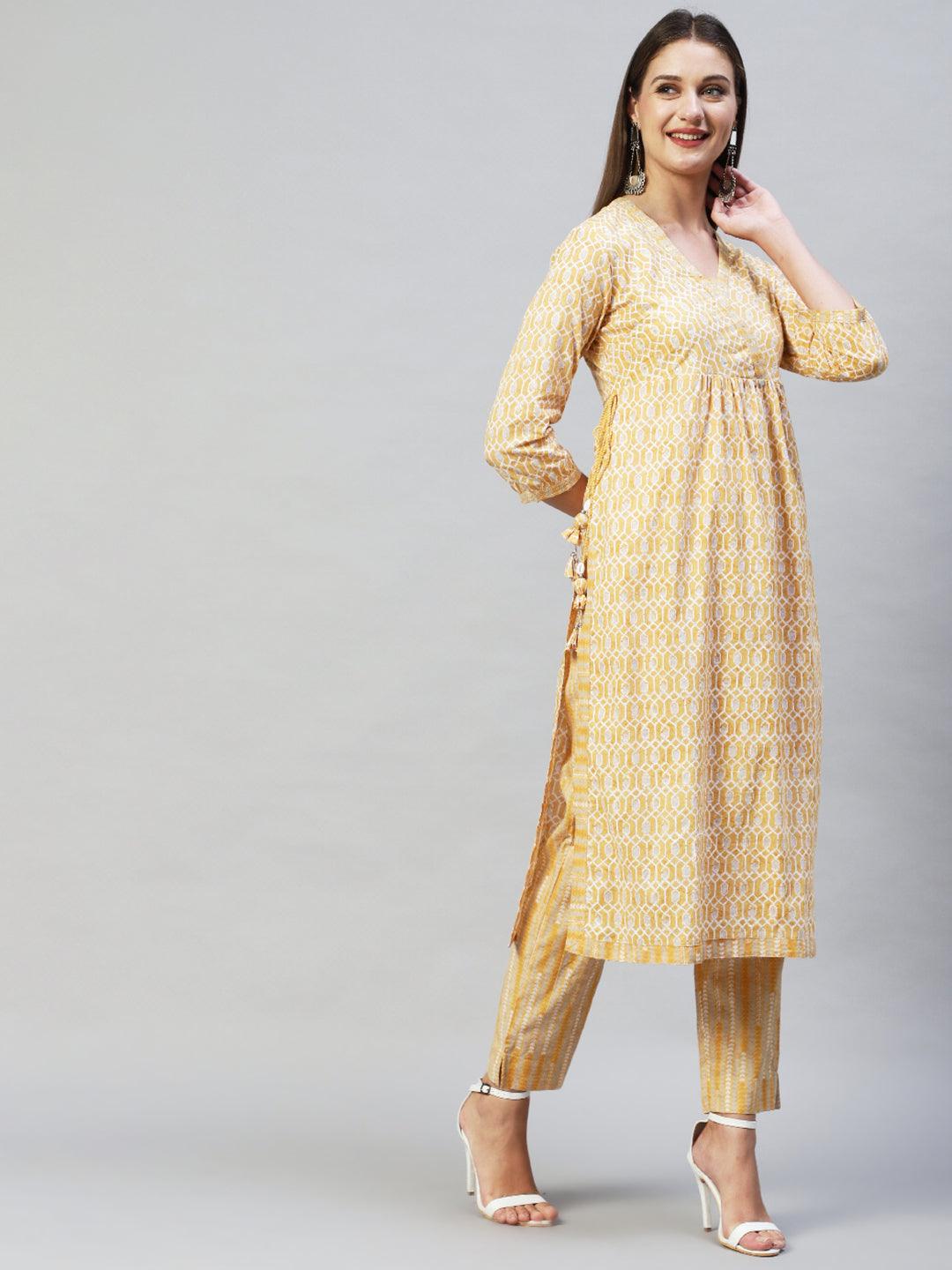 Ethnic Printed & Hand Embroidered Kurta with Pants & Dupatta - Yellow - Indiakreations