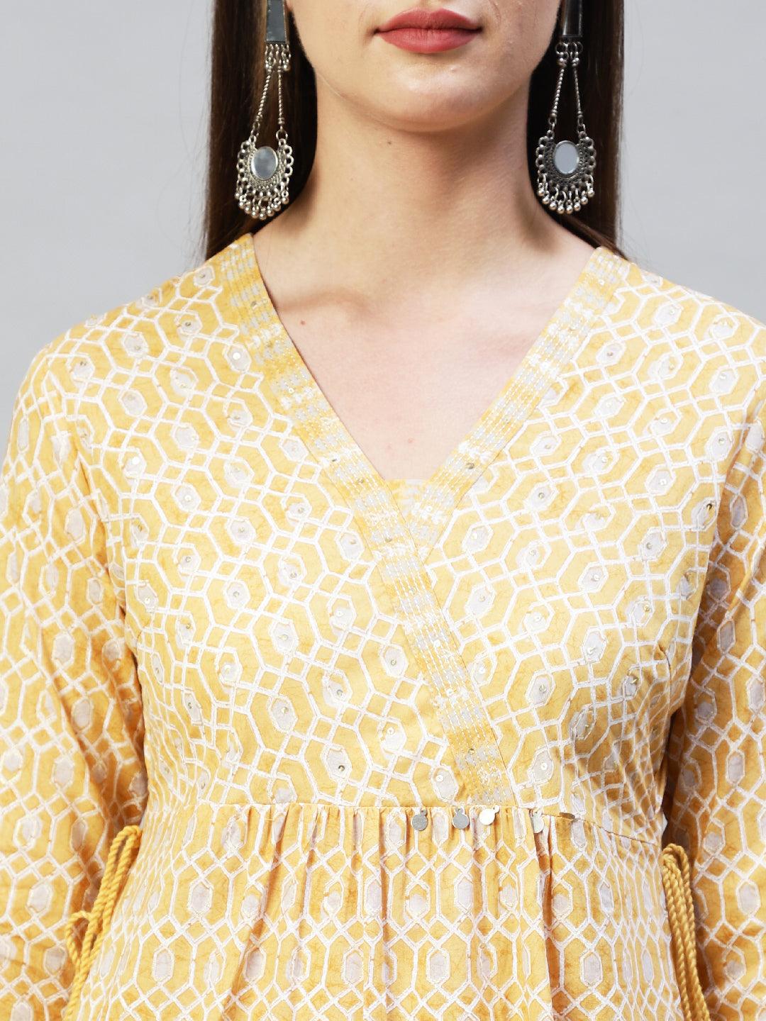 Ethnic Printed & Hand Embroidered Kurta with Pants & Dupatta - Yellow - Indiakreations