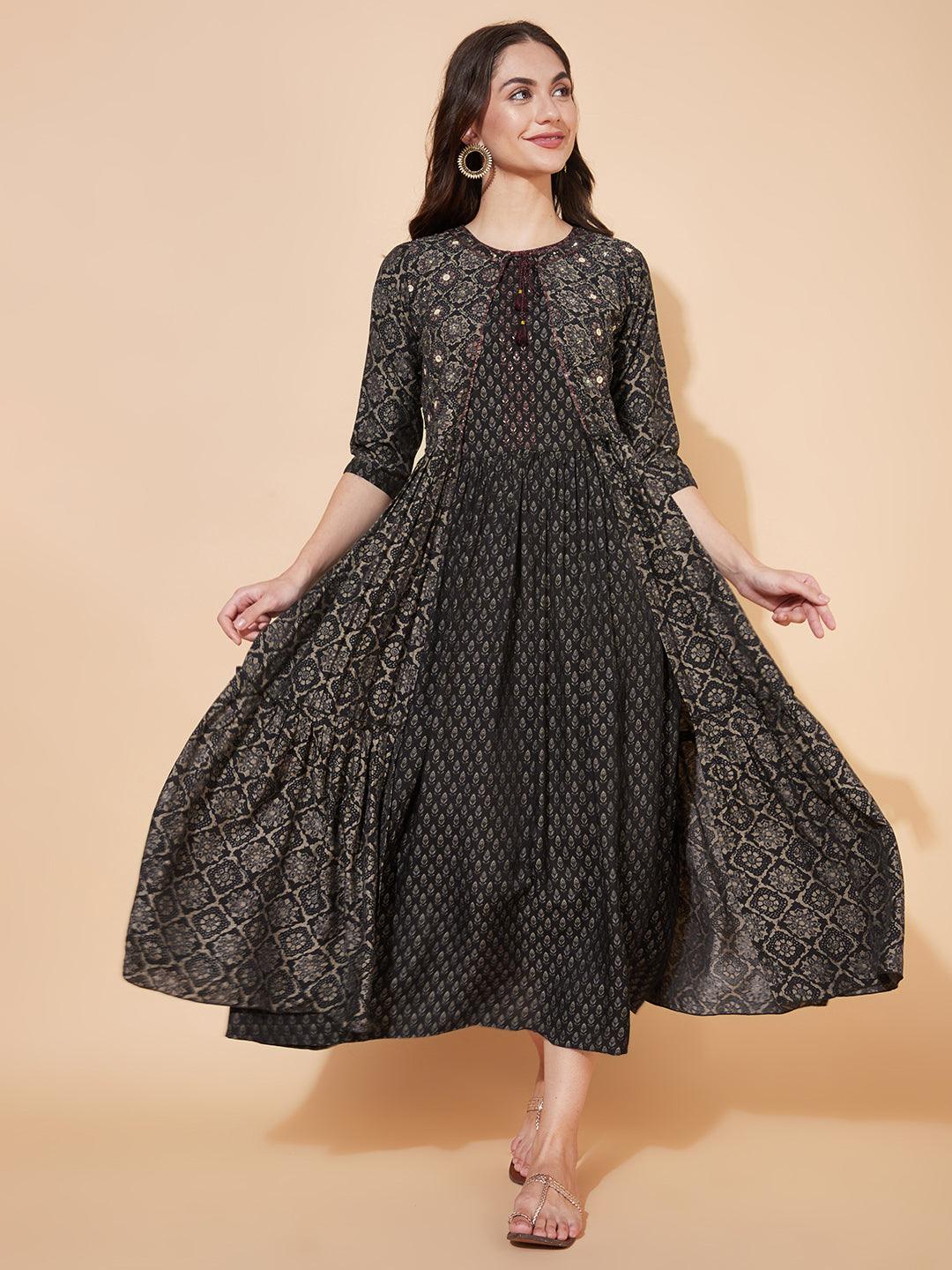 Ethnic Printed A-Line Flared Dress with Hand Embroidered Jacket - Black - Indiakreations