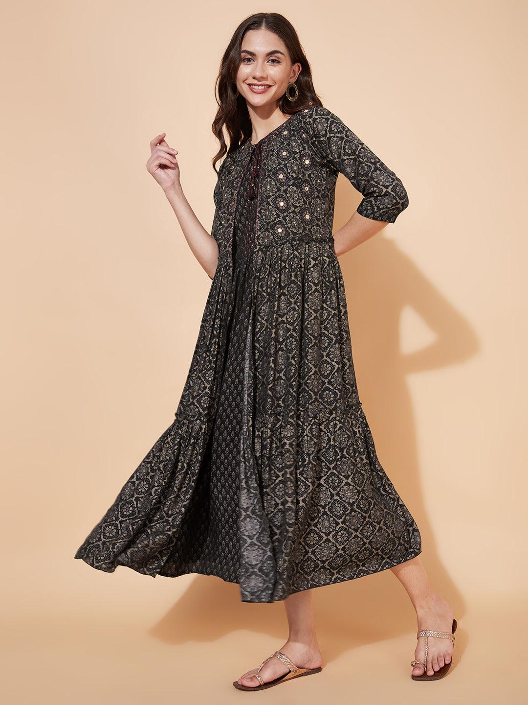 Ethnic Printed A-Line Flared Dress with Hand Embroidered Jacket - Black - Indiakreations