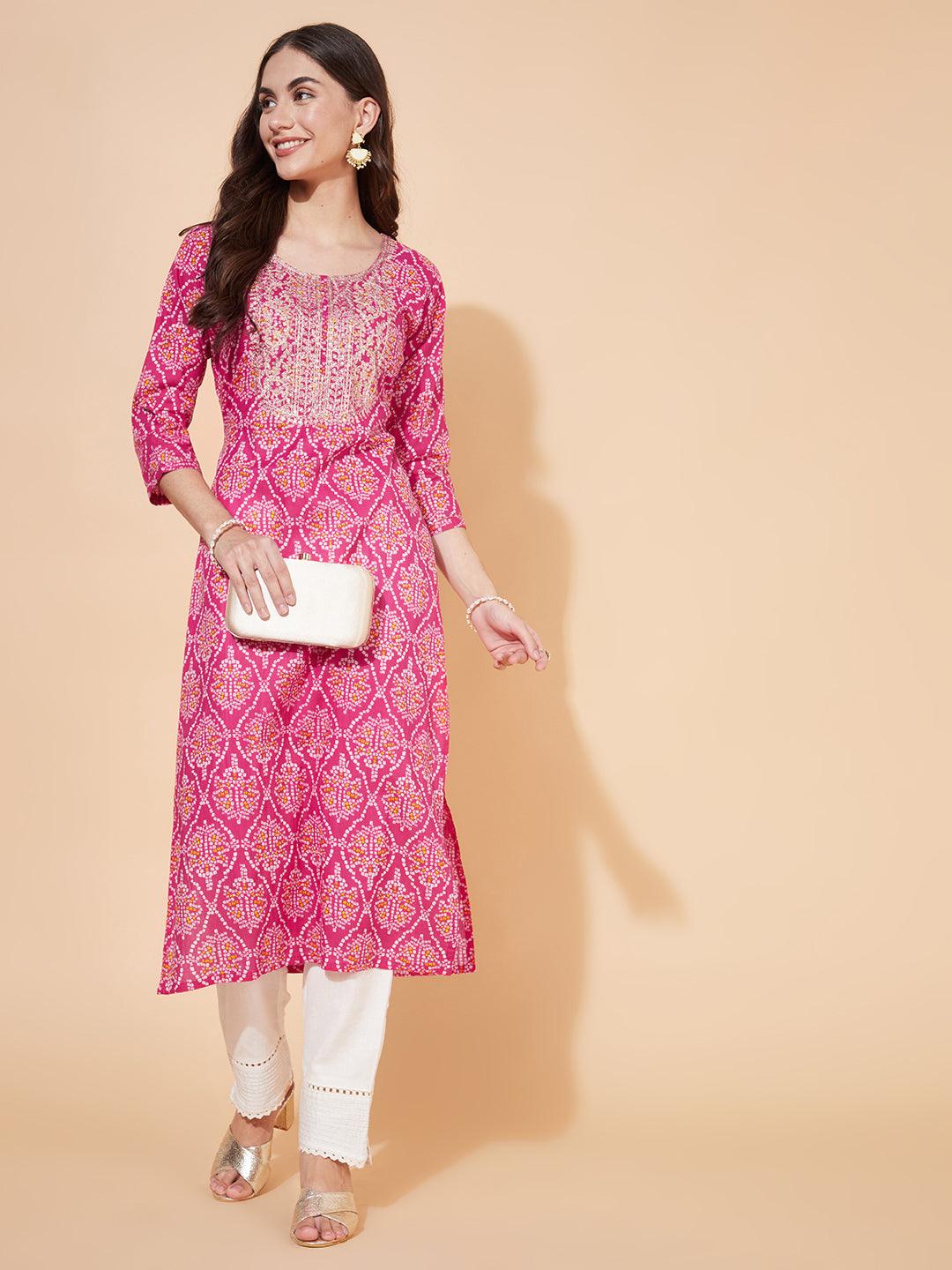 Bandhani Printed & Embroidered Straight Fit Kurta - Hot Pink - Indiakreations