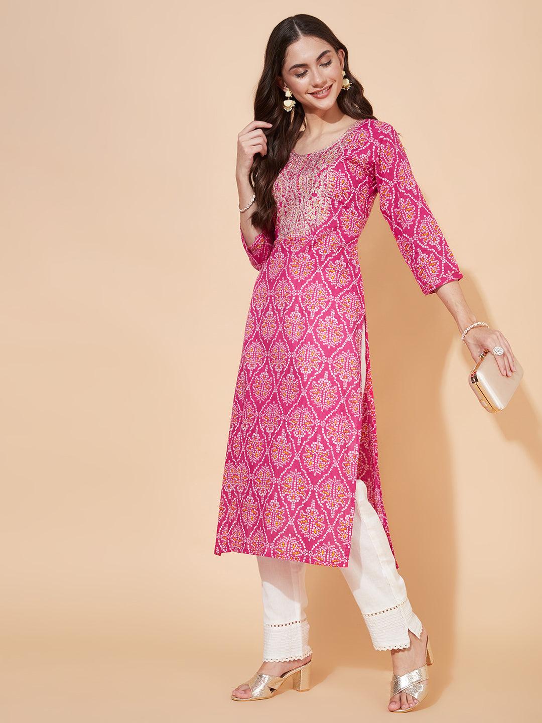 Bandhani Printed & Embroidered Straight Fit Kurta - Hot Pink - Indiakreations