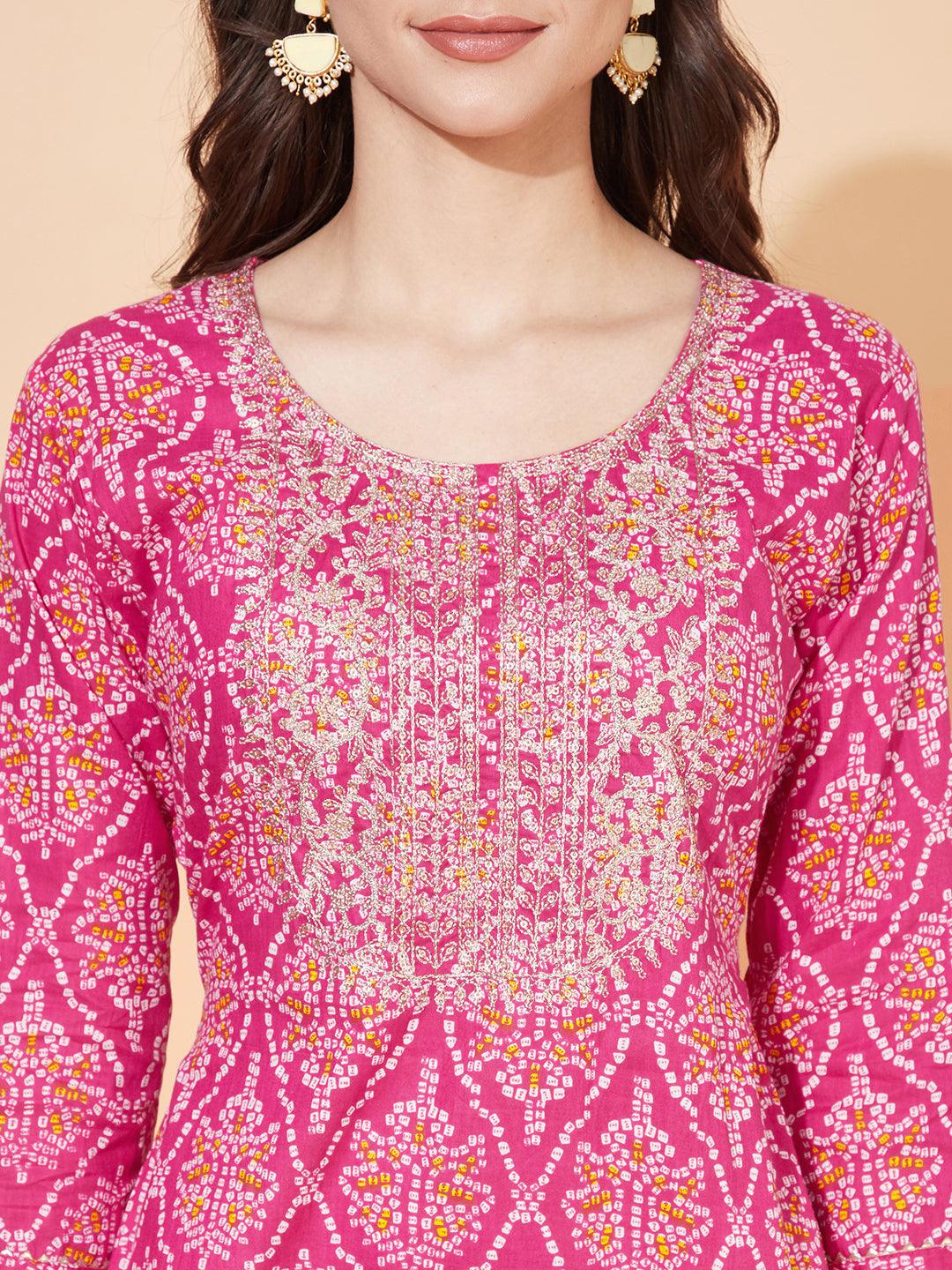 Bandhani Printed & Embroidered Straight Fit Kurta - Hot Pink - Indiakreations