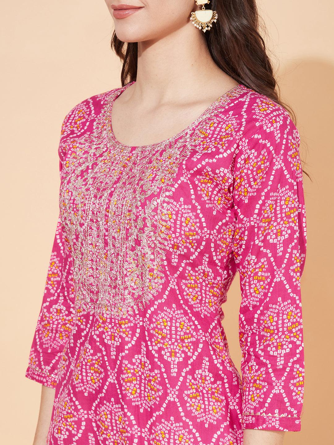 Bandhani Printed & Embroidered Straight Fit Kurta - Hot Pink - Indiakreations