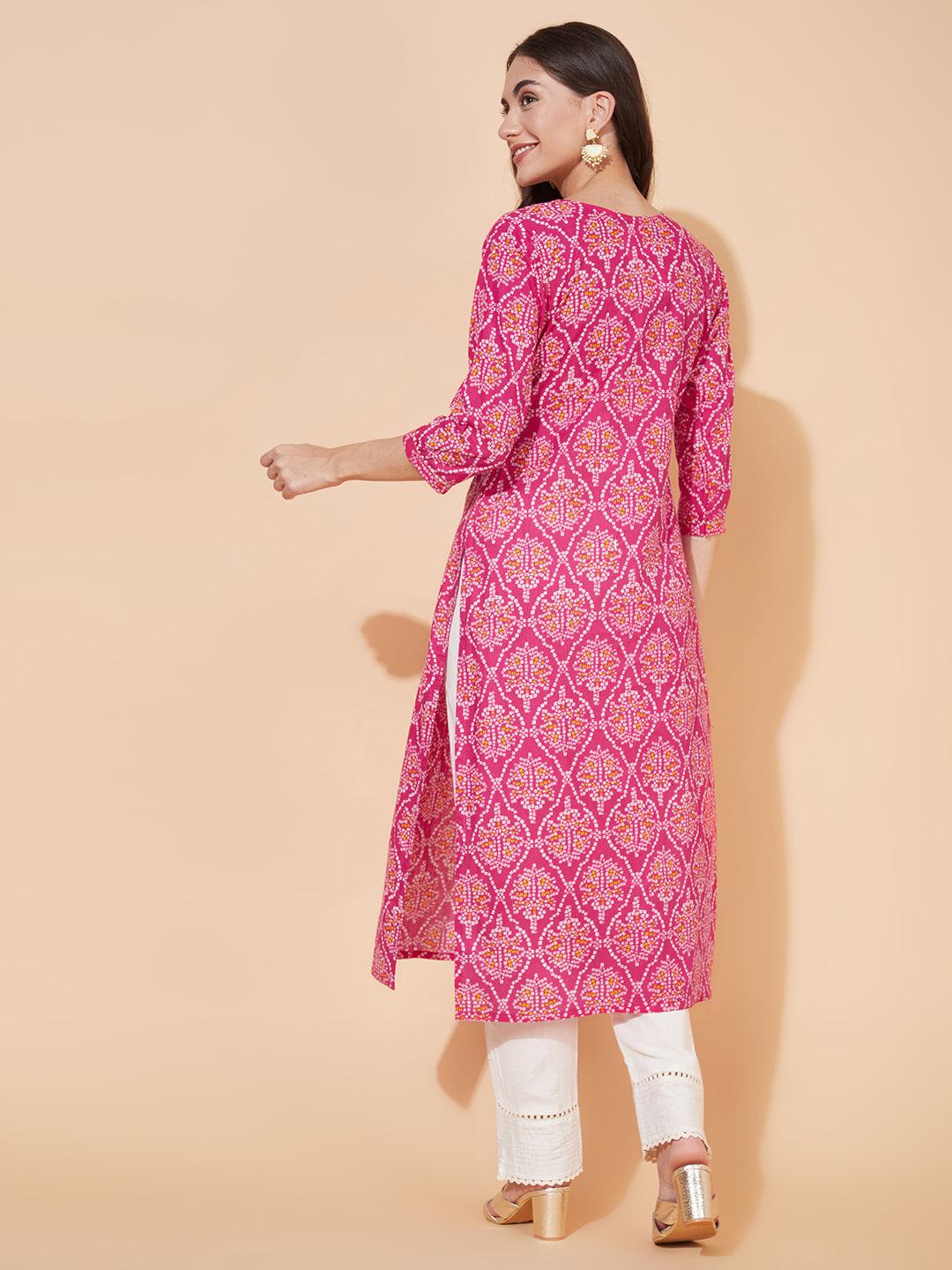 Bandhani Printed & Embroidered Straight Fit Kurta - Hot Pink - Indiakreations