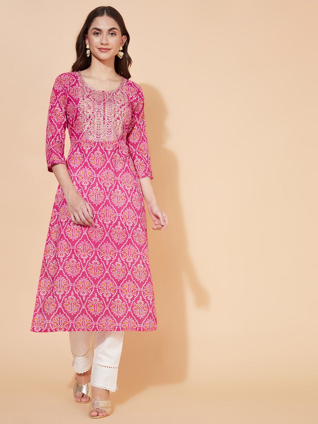 Bandhani Printed & Embroidered Straight Fit Kurta - Hot Pink - Indiakreations