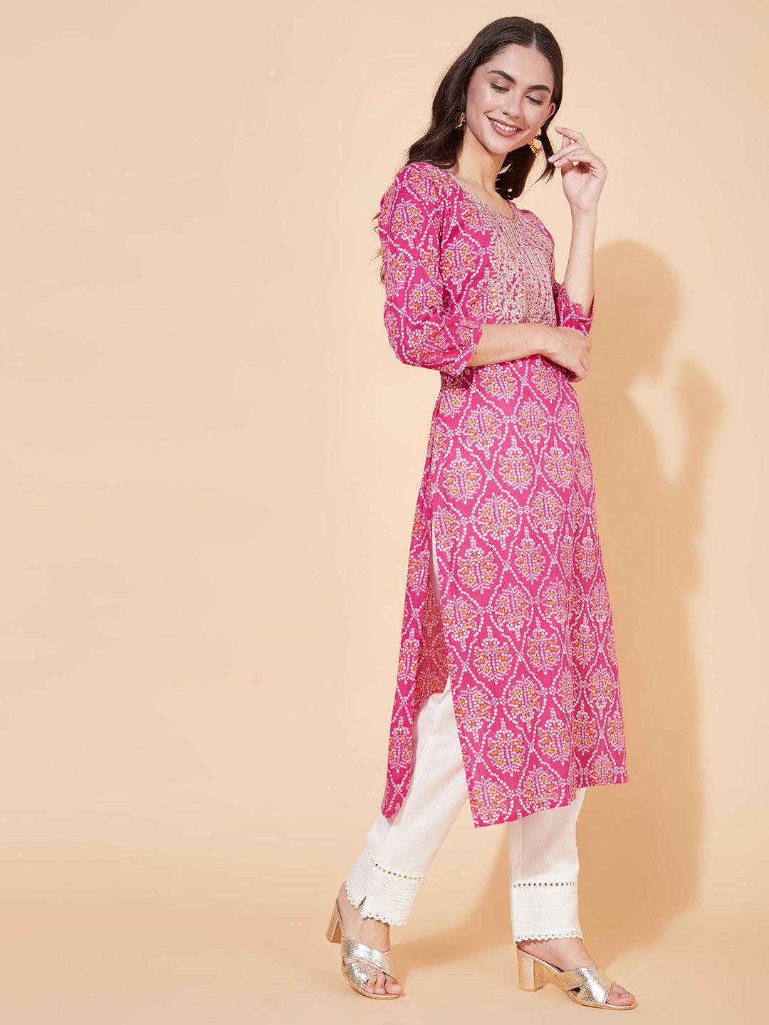 Bandhani Printed & Embroidered Straight Fit Kurta - Hot Pink - Indiakreations